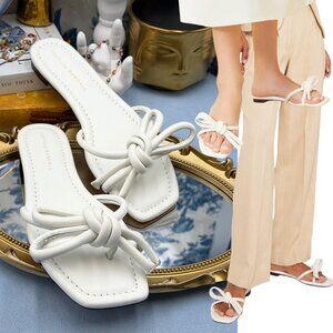 🆕 LOEFFLER RANDALL 🧿 NWOB Hadley Leather Bow Flat Sandals, White - Sz 7 B